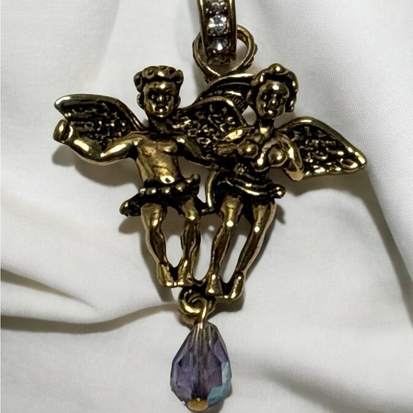 Kirks Folly Antiqued Gold Tone Crystal Angels Pendant 2” - Picture 2 of 8
